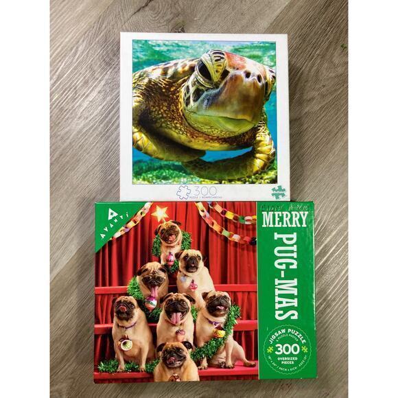 Puzzle Set of 2 300 Piece Christmas & Sea Turtle Jigsaw Puzzle Bundle Pug-Mas‎ - Picture 1 of 9